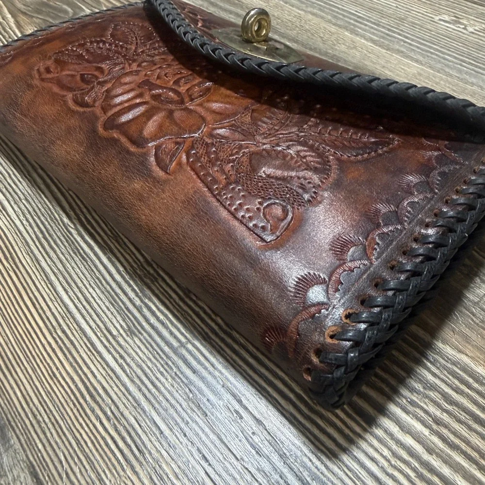 Vintage Hand Tooled Leather Floral Clutch Wallet Brown Whipstitch Western Boho